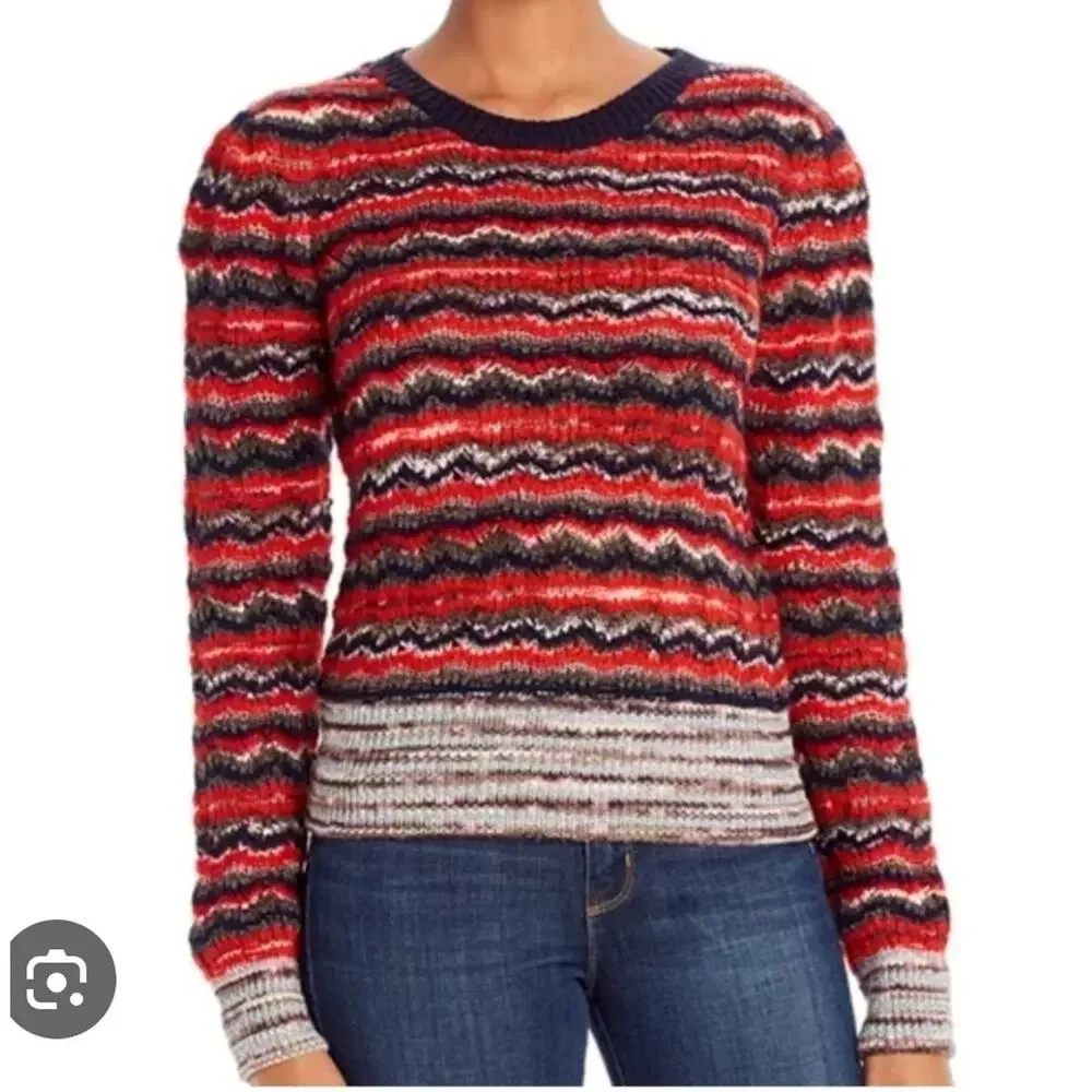 Tory Burch Sz M Metallic Stripe Sweater Mohair Wool Blend Top Red Blue Designer - Picture 9 of 9